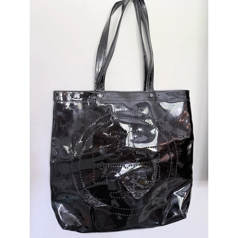 Tory Burch Black Patent Leather Monogram Tote Bag 17x17 Large Carry All Classic